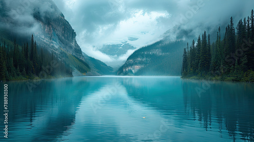 A serene mountain lake with turquoise waters reflecting the clear blue sky. Created with Ai © Artistic Assets