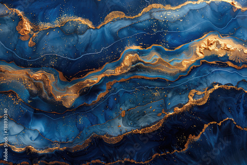 A digital art piece showcasing the deep blue and shimmering gold colors of an abstract marble pattern. Created with Ai
