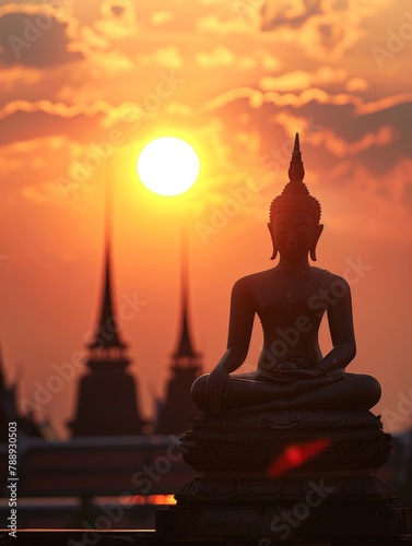 Sunset Silhouette of Buddha Statue on Mountain