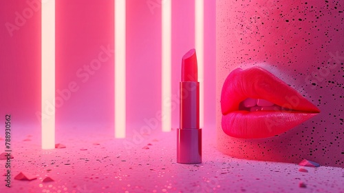 Lipstick on a speckled pink background, minimalist design with a neon glow casting an enigmatic aura , unique hyper realistic photo