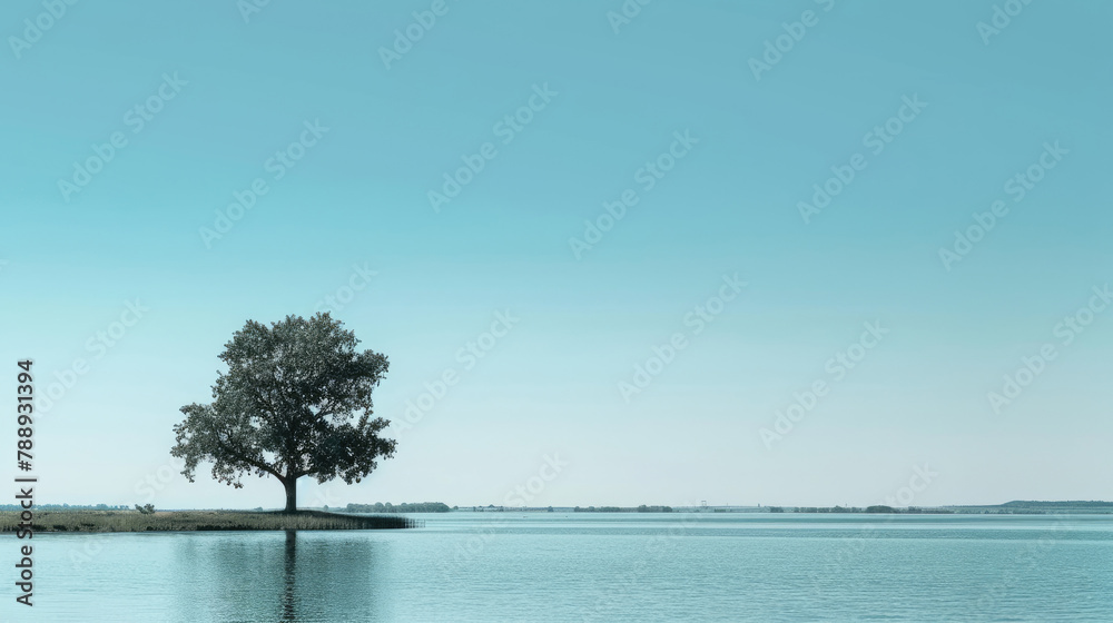 Illustration of a serene lake with a single tree on the shore under a clear blue sky, in a minimalist style Illustration of a serene lake with a single tree on the shore under a clear blue sky, in a minimalist style