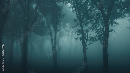 Minimalist forest background with slender trees and a misty atmosphere  evoking a sense of mystery