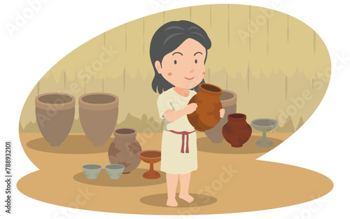 弥生土器を持つ弥生人の女性