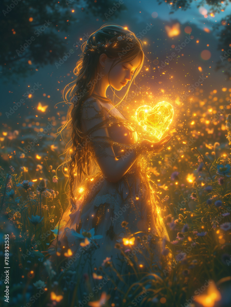 Ethereal Love: Goddess Embracing the Heart in Radiant Garden