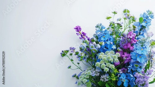 A vibrant spring bouquet featuring beautiful blue and purple flowers is showcased up close against a crisp white backdrop in a top down flat lay perspective