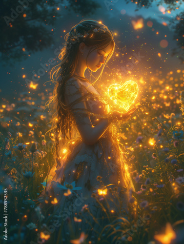Ethereal Love: Goddess Embracing the Heart in Radiant Garden