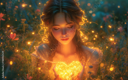 Ethereal Love: Goddess Embracing the Heart in Radiant Garden