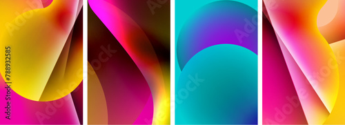 Explore a set of four vibrant abstract backgrounds featuring a rainbow of colors, including shades of purple, violet, magenta, and electric blue in unique patterns and material properties