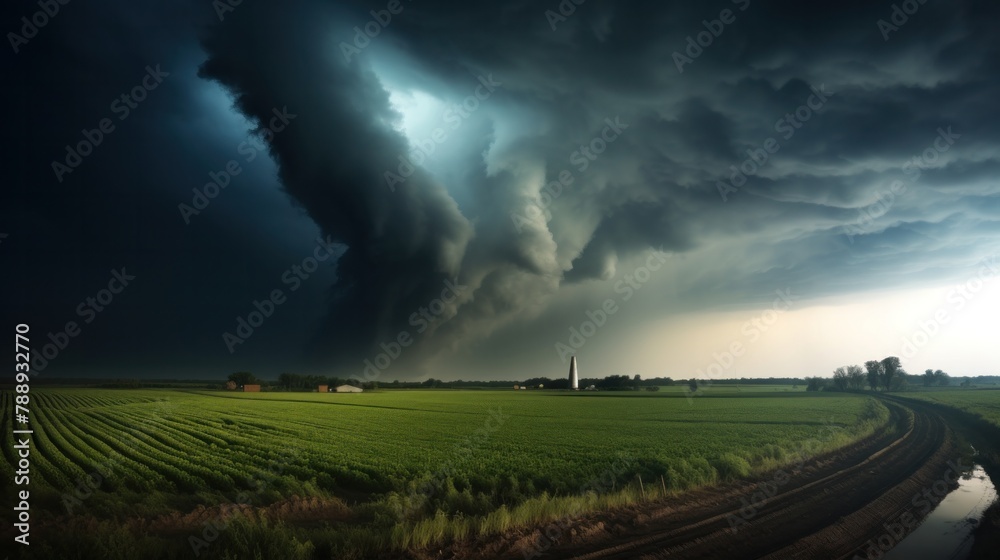 Black tornado funnel and lightning above field during thunderstorm in corn field. Natural disaster.