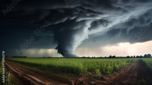 Black tornado funnel and lightning above field during thunderstorm in corn field. Natural disaster.