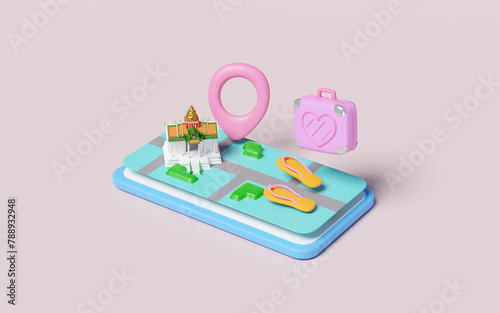 3d mobile phone or smartphone with map, sandals, luggage, measure isolated on pink background. map earth travel concept, 3d render illustration