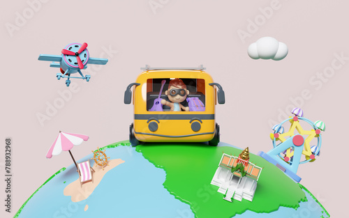 Tourist buses run around the world with boy, plane, luggage, guitar, measure, ferris wheel, island isolated on pink background. travel around the world concept, 3d render illustration