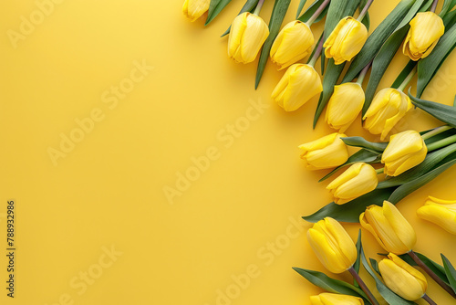 top view photo of yellow tulips on a yellow background, shown from above with blank space for text or a logo. #788932986
