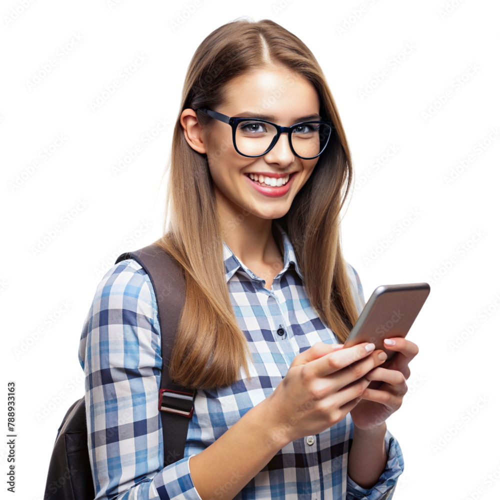 Smiling female student checking a message on her mobile phone - transparent background - PNG file Smiling female student checking a message on her mobile phone - transparent background - PNG file