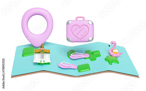 3d map with sandals, luggage, measure, flamingo, pin isolated. map earth travel concept, 3d render illustration