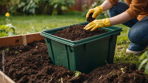 Home gardener enriching soil by composting food leftovers in an outdoor bin
