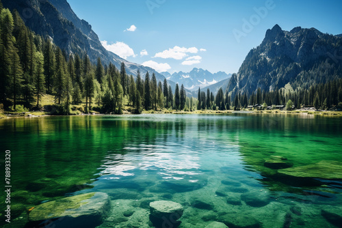 Landscape view of turquoise water of Karagol lake, Kyrgyzstan photo