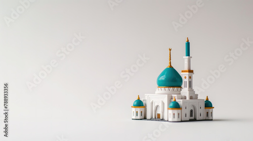 Miniature mosque isolated on white background with copy space for Islamic celebration day ramadan kareem or eid al fitr adha