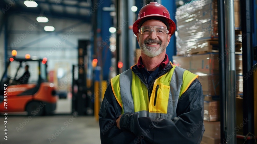 Obraz premium A male employee stands and smiles looking at the camera. Forklift inside industrial warehouse