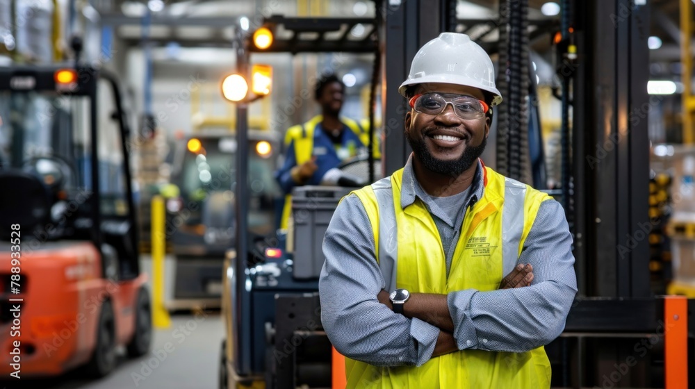 A male employee stands and smiles looking at the camera. Forklift inside industrial warehouse A male employee stands and smiles looking at the camera. Forklift inside industrial warehouse