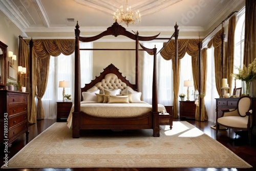 Grand four-poster bed in an elegantly styled and ornate bedroom space, Exquisite bedroom featuring a stunning four-poster bed design, Opulent four-poster bed in a lavish and ornate bedroom setting.