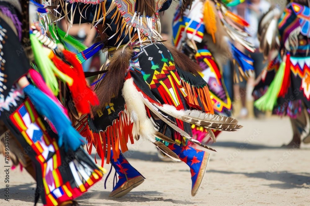 Fototapeta premium A group of Native American dancers performing a traditional powwow dance, adorned in colorful regalia adorned with feathers and beadwork, Generative AI