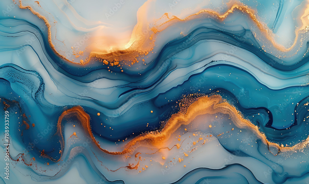 Abstract blue and gold marble background with fluid lines of ink flowing, creating an elegant composition. Created with Ai