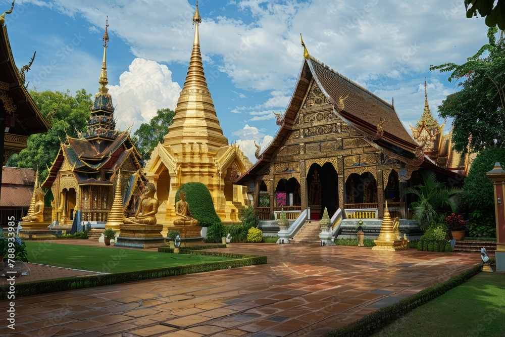 A serene Thai temple complex adorned with intricate golden spires and ornate carvings, radiating a sense of peace and spirituality, Generative AI