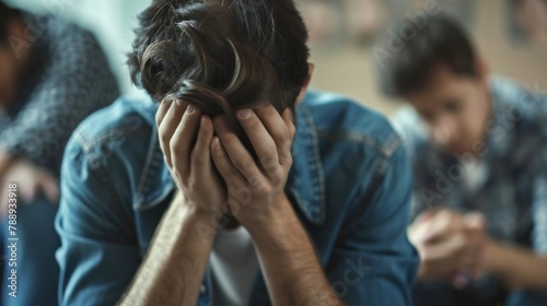A depressed young man holds his head in his hands and his friends Support him during group therapy.