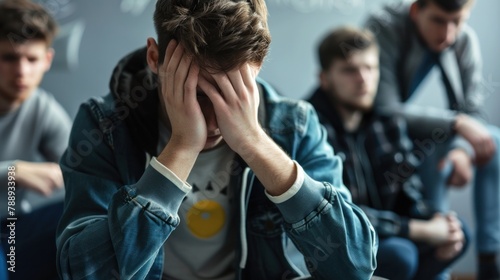 A depressed young man holds his head in his hands and his friends Support him during group therapy.
