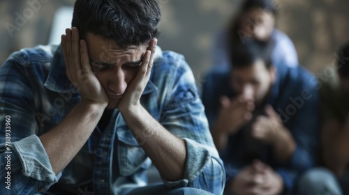 A depressed young man holds his head in his hands and his friends Support him during group therapy.