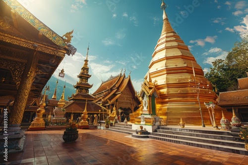 A serene Thai temple complex adorned with intricate golden spires and ornate carvings, radiating a sense of peace and spirituality, Generative AI photo