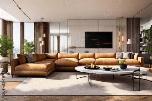 Chic and cozy space with sectional sofa and coffee table, Stylish living room setup featuring a brown sectional and table, Elegant interior with sectional sofa and coffee table.