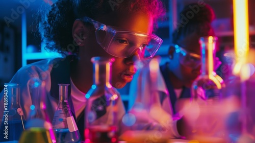 Children in a science lab observing chemical reactions with awe and protective eyewear