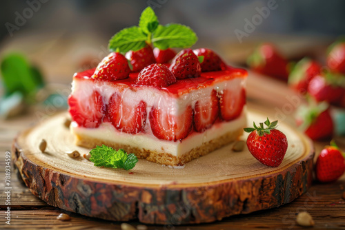 piece of square strawberry cake with mint leaves and strawberries on wooden board
