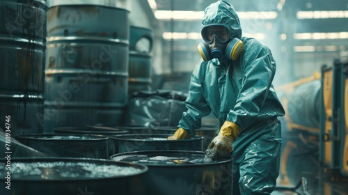 A technician in a protective suit moves a tank containing sulfuric acid inside a chemical manufacturing plant. photo