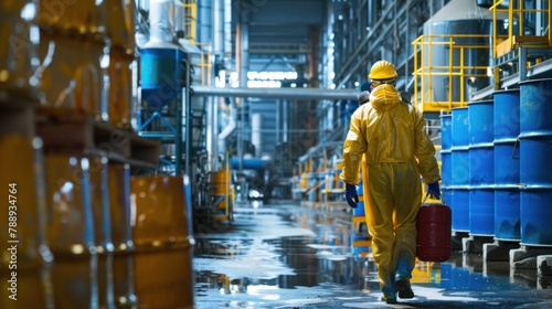 A technician in a protective suit moves a tank containing sulfuric acid inside a chemical manufacturing plant.