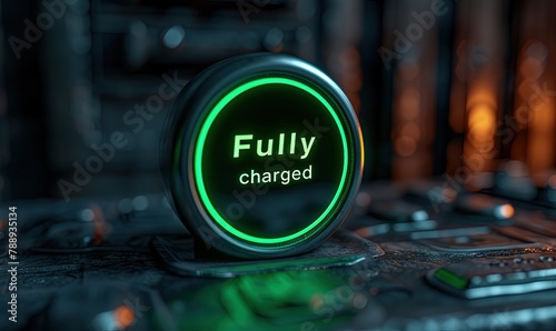 Fully charged Glowing green battery charge indicator 