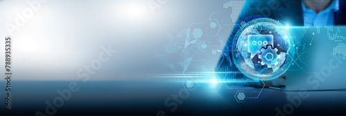 IT consulting network, strategic planning, technology implementation, and cybersecurity Businessman using a laptop connected to IT infrastructure and collaborating on a global network.