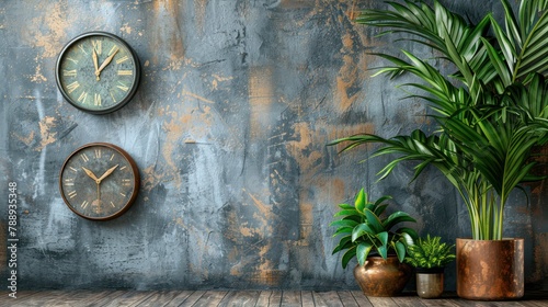 Springtime clock and plant background on concrete wall textured wallpaper with copy space