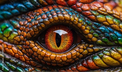Close-up of Vibrant Dragon Eye. Detailed macro shot of a colorful dragon's eye, capturing the intricate textures and vivid colors © Xabi