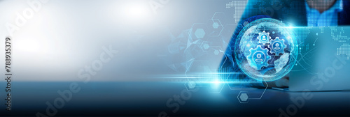 Operations network, streamlined processes, efficiency, and innovation. Businessman using a laptop connected to operational data and analytics on a global network with continuous monitoring.