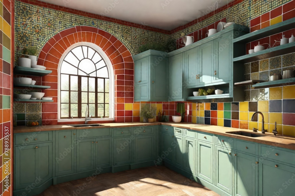 Funky tiled kitchen interior with pops of color, Cheerful kitchen design with colorful tiles, Vibrant kitchen with colorful tiled walls.