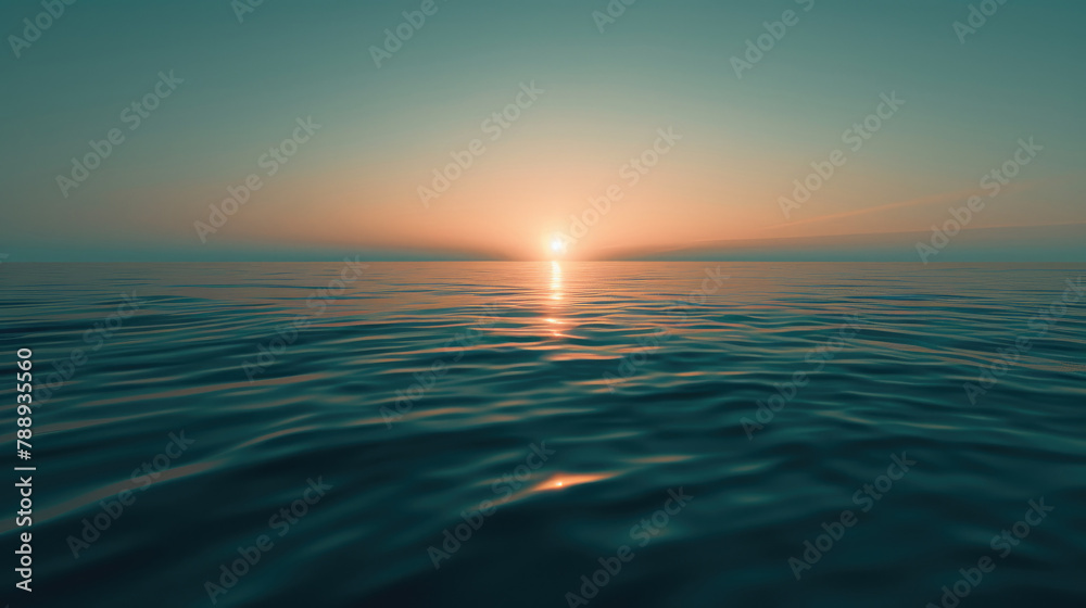 Obraz premium Minimalist sunrise over a calm ocean with a subtle gradient sky and a hint of light on the water