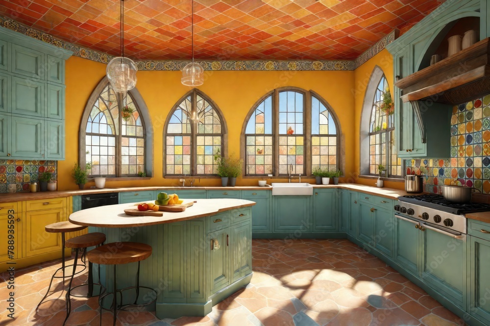Interior of kitchen with striking blue and yellow cabinets and arched ...