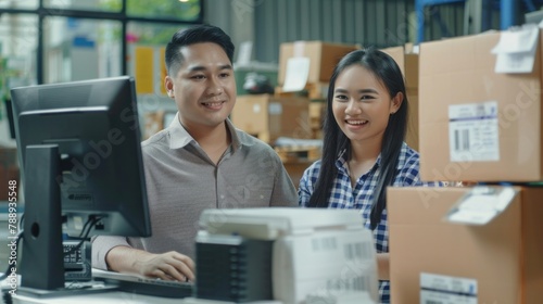 Cheerful Asian girl and her formal male partner sit at a computer in front of a desk using a barcode machine to scan customer online records in cardboard boxes at a warehouse.