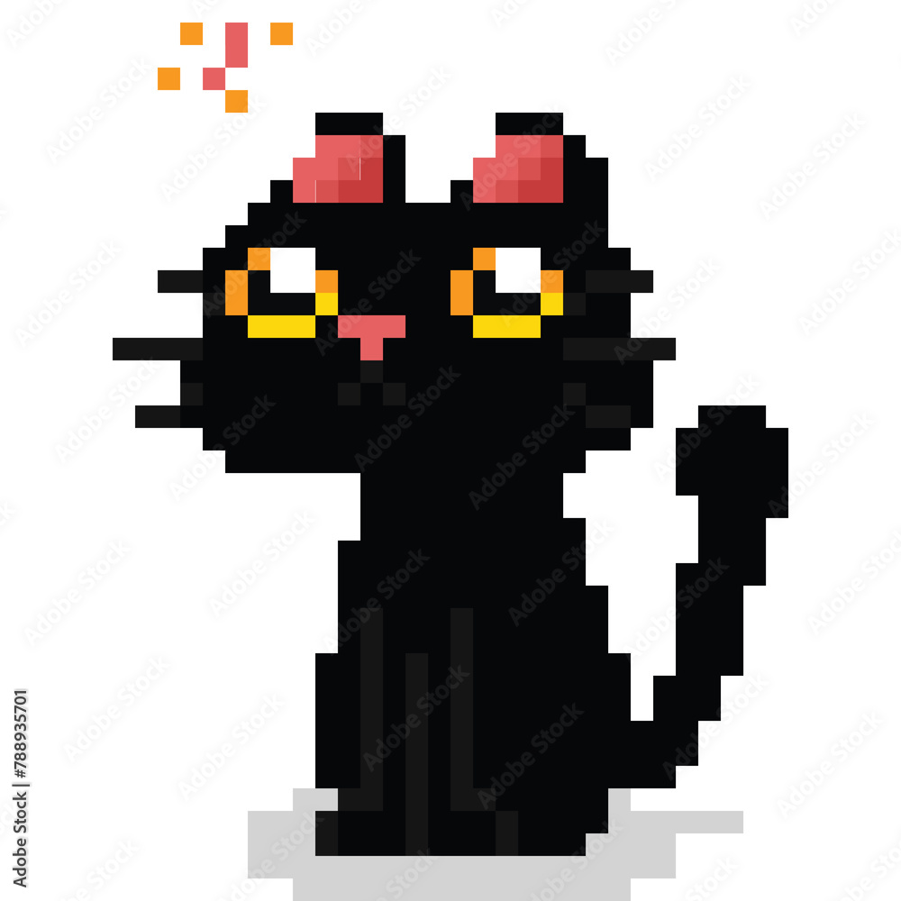 Pixel art cute black cat character look at the butterfly Pixel art cute black cat character look at the butterfly