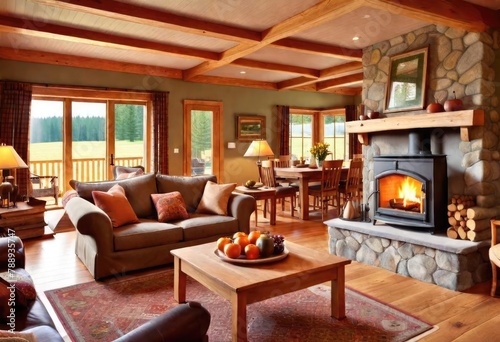 Traditional living room ambiance with a fireplace  Rustic home interior featuring a fireplace  Warm and inviting space with wood burning stove.