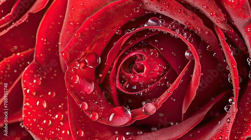 Capture the intricate beauty of a vibrant red rose in a close up macro shot showcasing delicate droplets adorning its petals Perfect for a heartfelt Mother s Day greeting card or an elegant photo