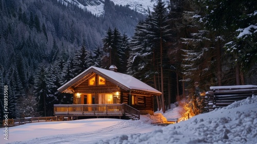 Unwind and relax in a cozy alpine cabin where the only sounds youll hear are the gentle rustling of trees and your own contented sighs. 2d flat cartoon.